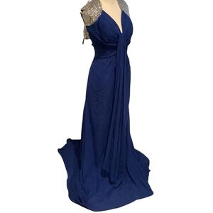 Stunning BRAND NEW Navy Maxi Dress with Train & Silver Detailing Size 8-10
